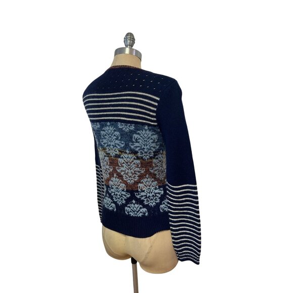 Anthropologie Sparrow Navy Zip Cardigan Sweater Floral & Striped Wool Mohair Sma - Picture 4 of 6